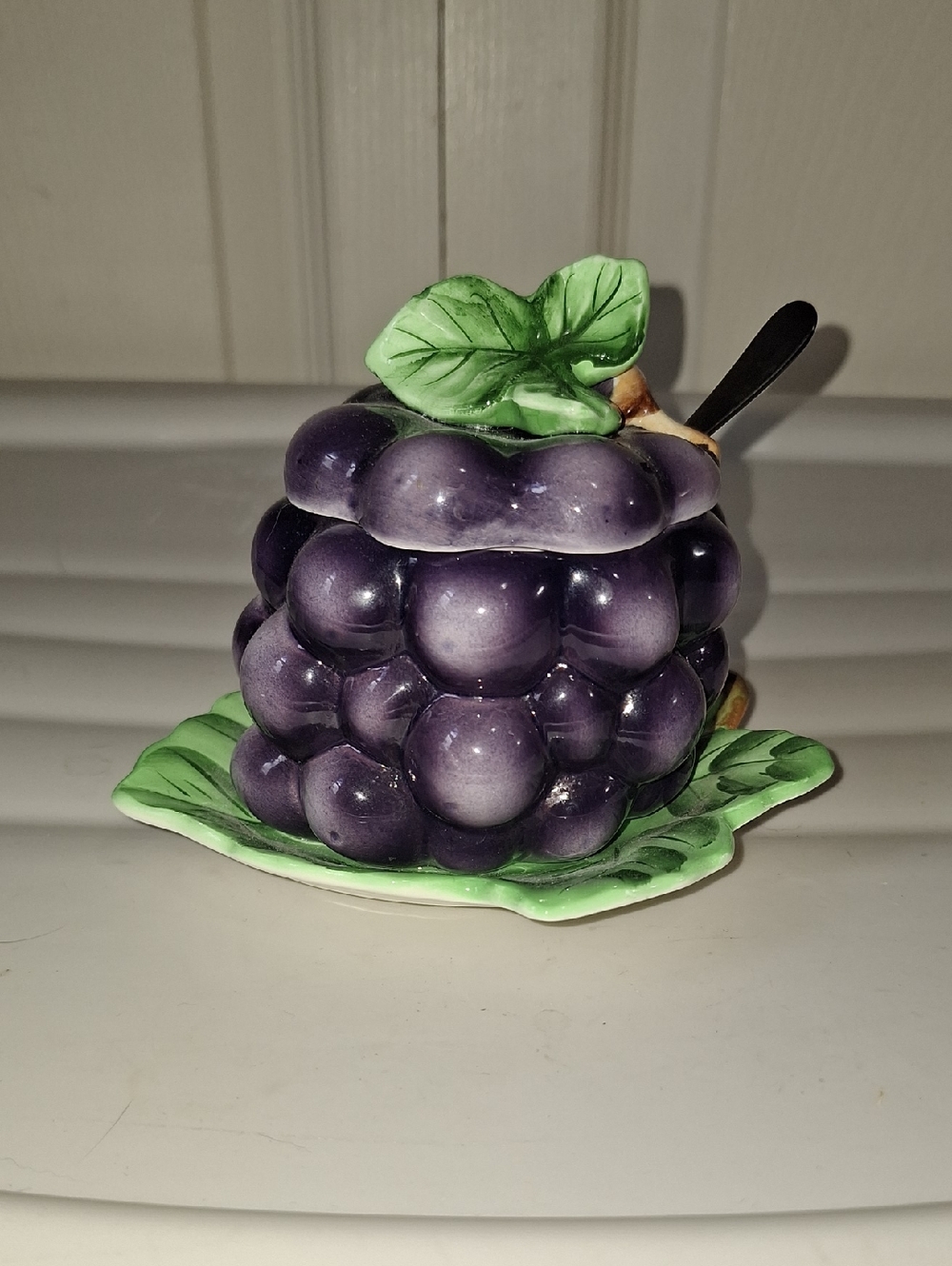Lefton Purple Grape Ceramic Jelly Pot with Spoon